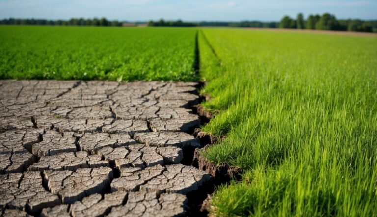 Cracked, dry earth next to lush green field, contrasting conditions