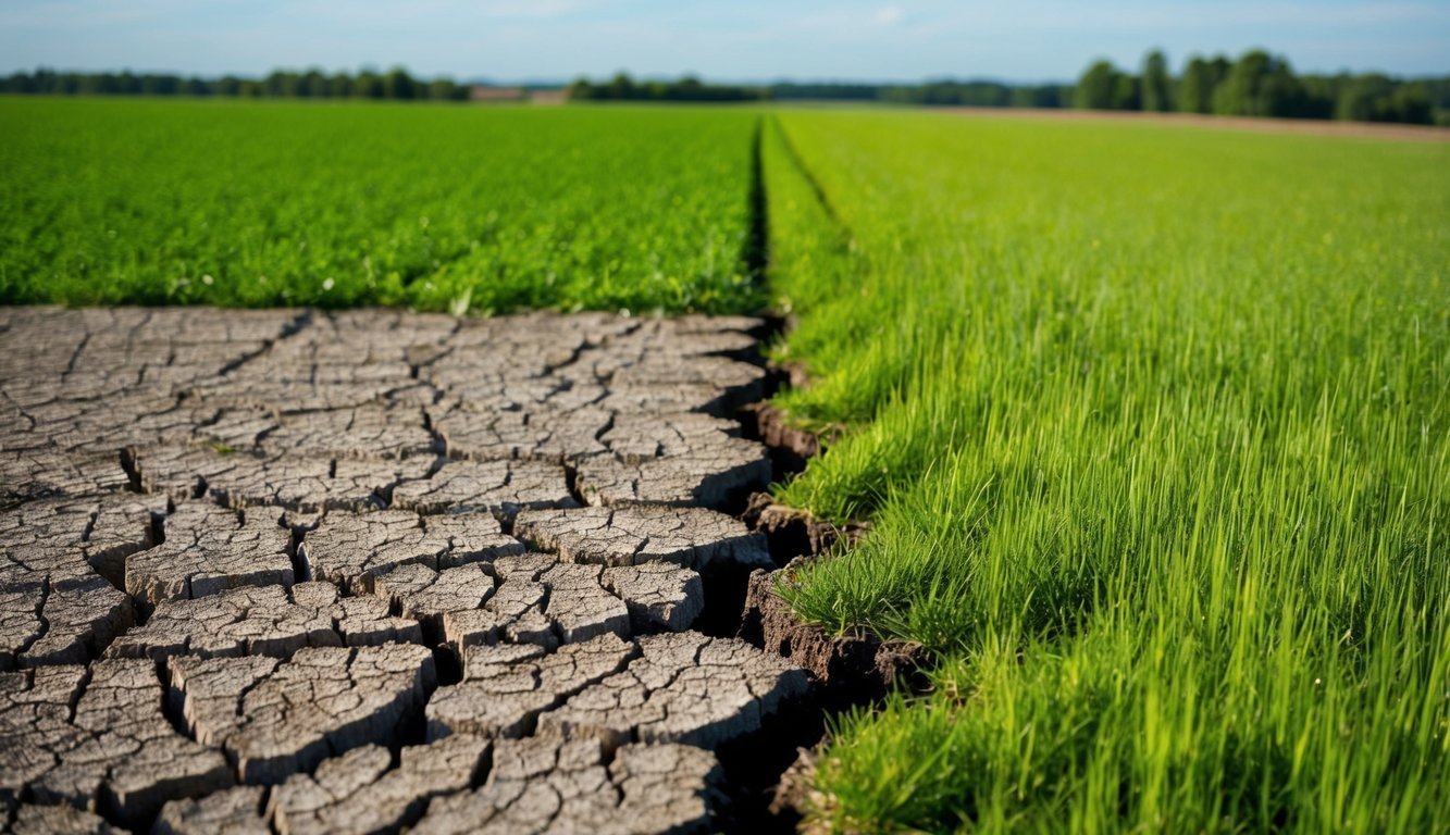 Cracked, dry earth next to lush green field, contrasting conditions
