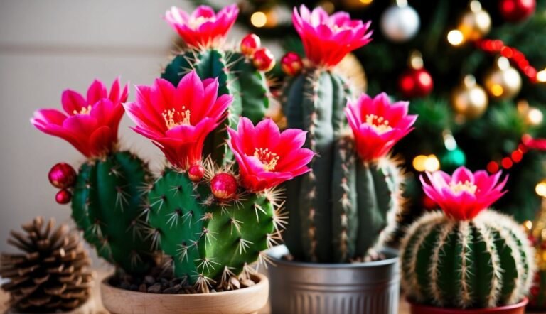 Cacti with bright pink flowers in front of a decorated Christmas tree