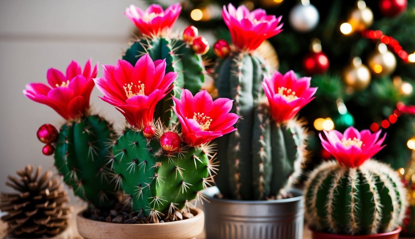 Cacti with bright pink flowers in front of a decorated Christmas tree
