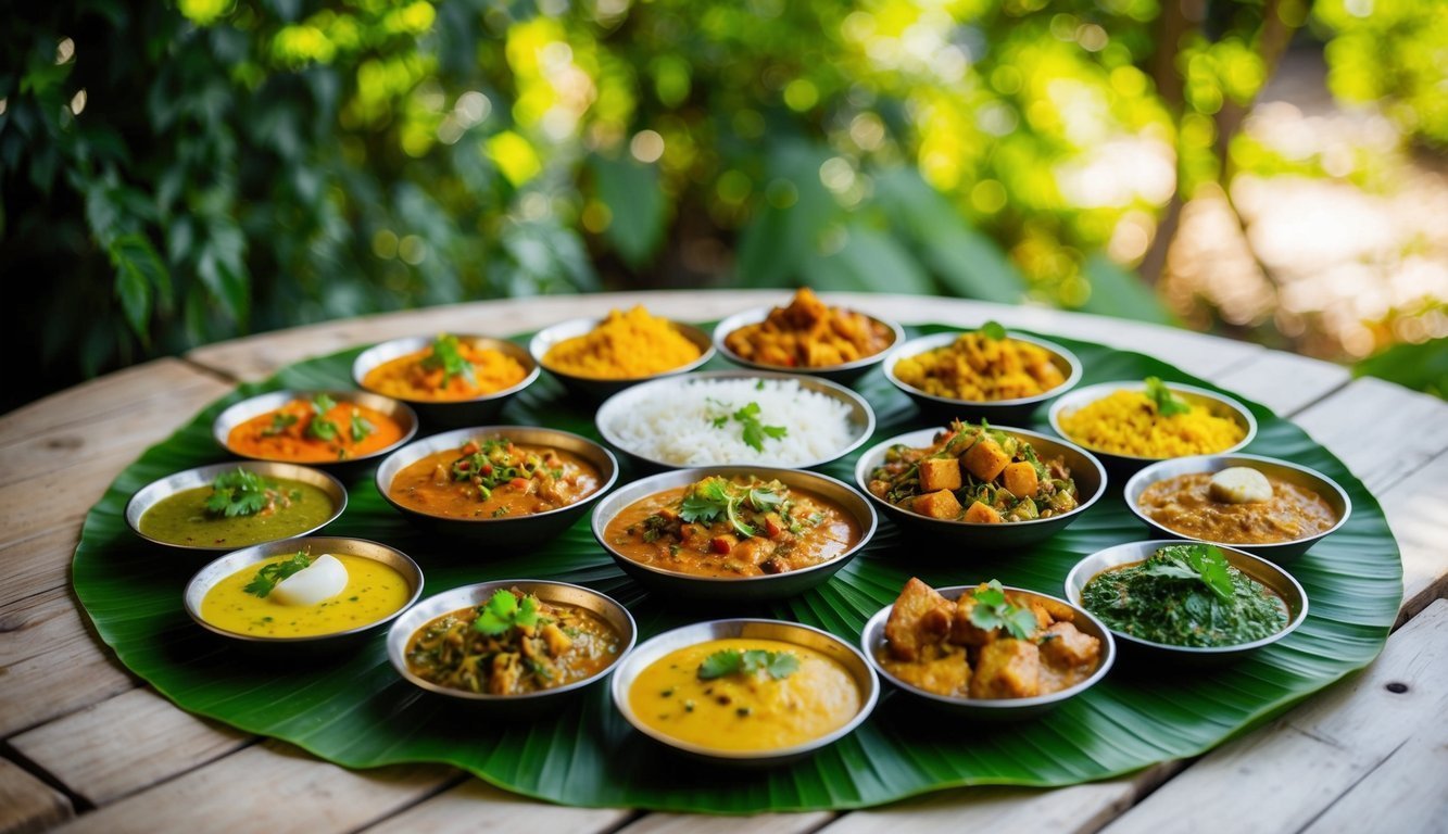 Variety of Indian dishes served on a banana leaf, outdoor setting