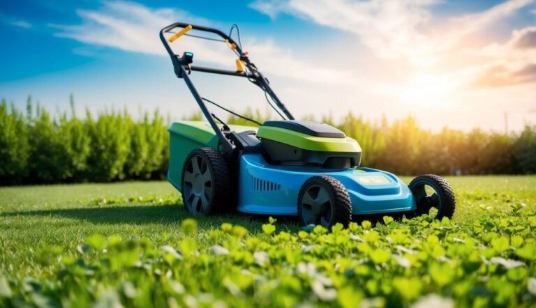 Blue and green lawnmower on a green lawn under a blue sky