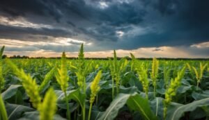 Field of green crops under a dramatic, stormy sky at sunset