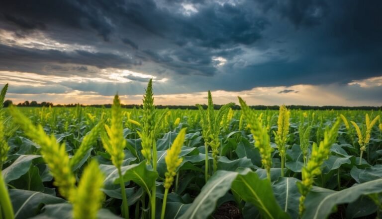 Field of green crops under a dramatic, stormy sky at sunset