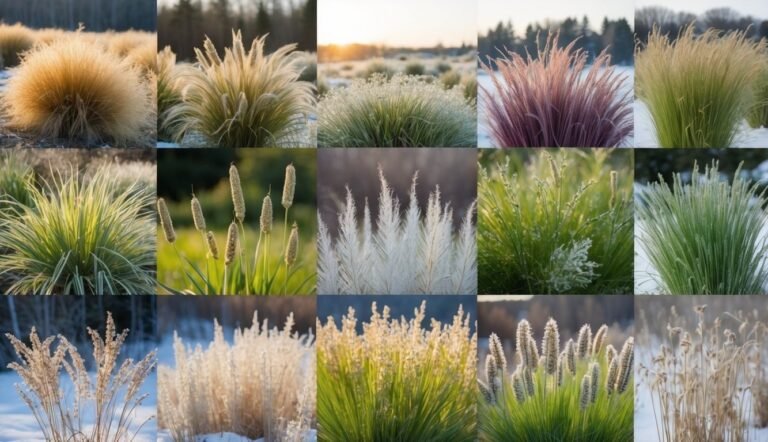 Collage of various ornamental grasses in different colors and textures