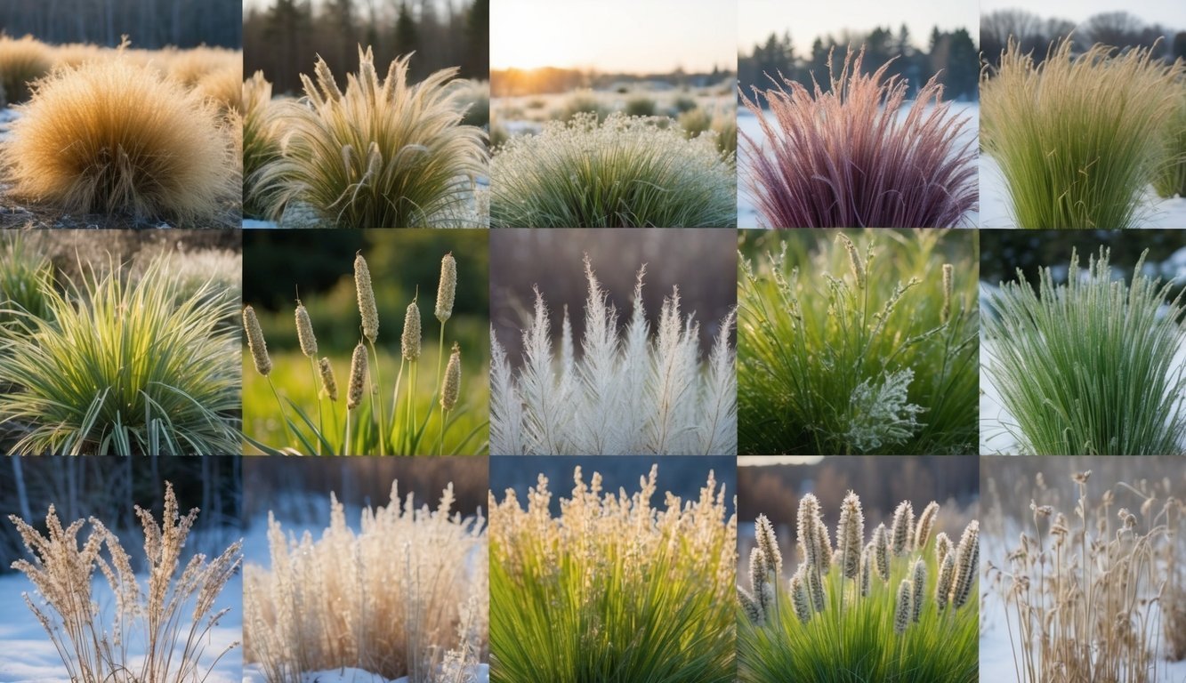Collage of various ornamental grasses in different colors and textures