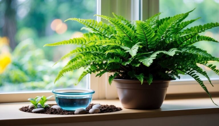 Fern in a brown pot on a windowsill with a small water bowl