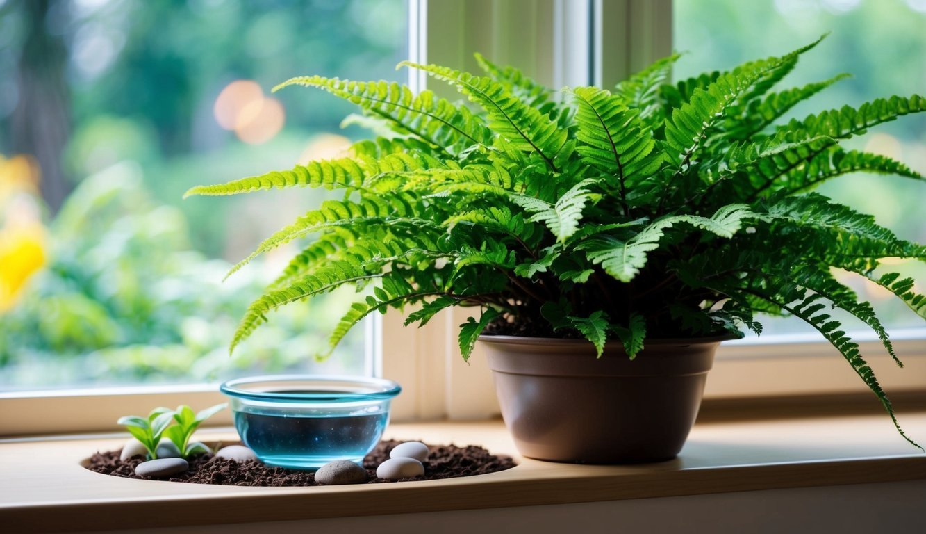 Fern in a brown pot on a windowsill with a small water bowl