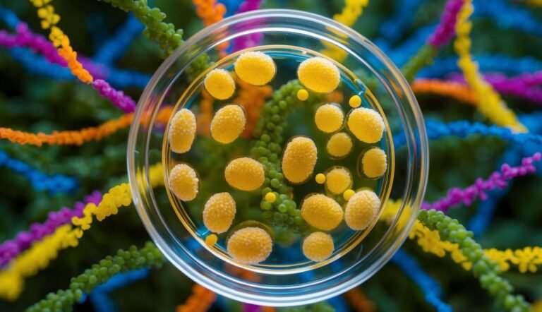 Petri dish with yellow cells, surrounded by colorful, beaded strands