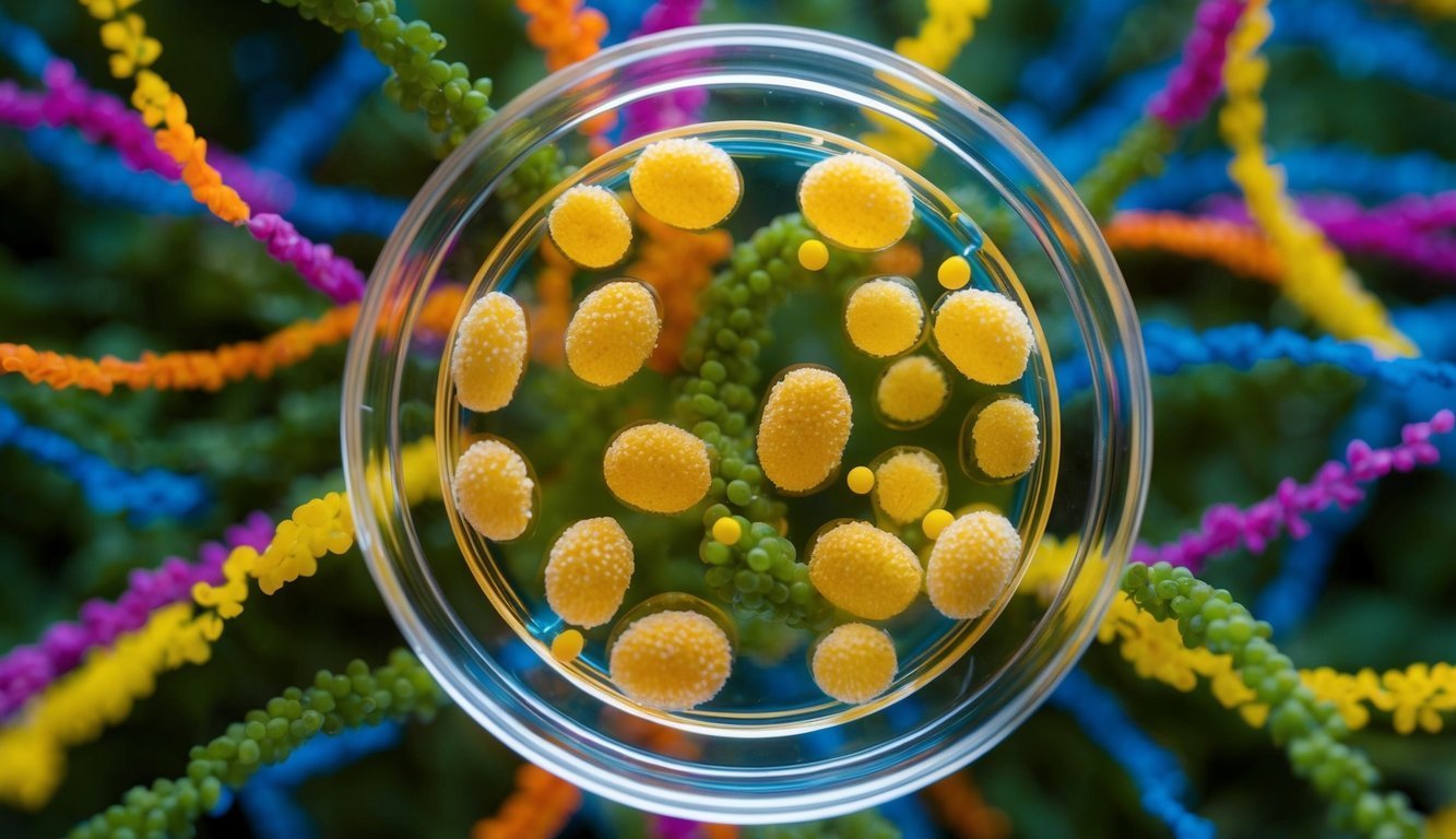 Petri dish with yellow cells, surrounded by colorful, beaded strands