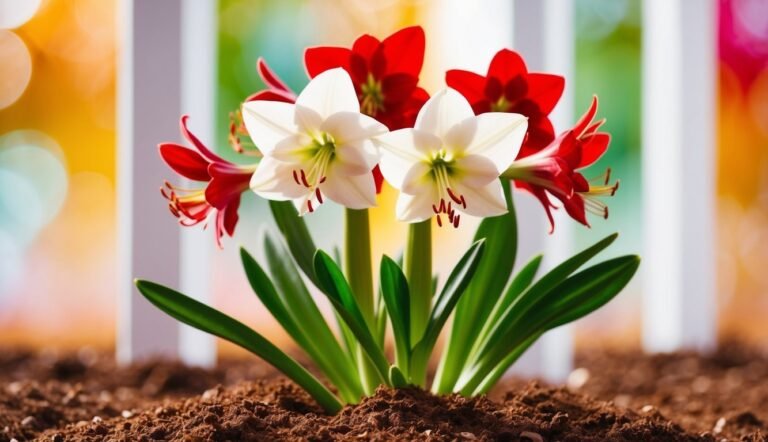 White and red amaryllis flowers with green leaves in brown soil