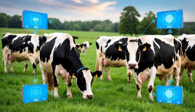 Cows in a field with connected digital monitoring devices