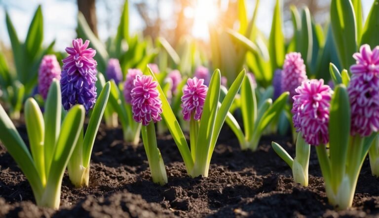 Pink and purple hyacinth flowers blooming in a garden bed