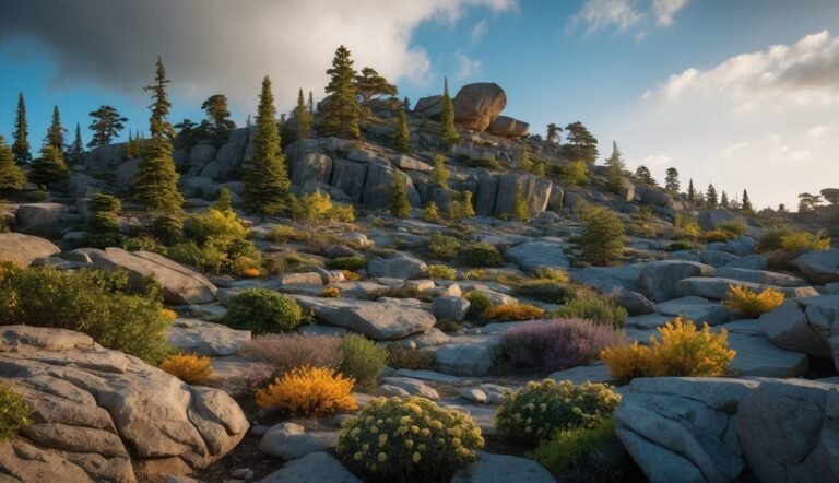 Rocky mountain landscape with trees, bushes, and a blue sky with clouds