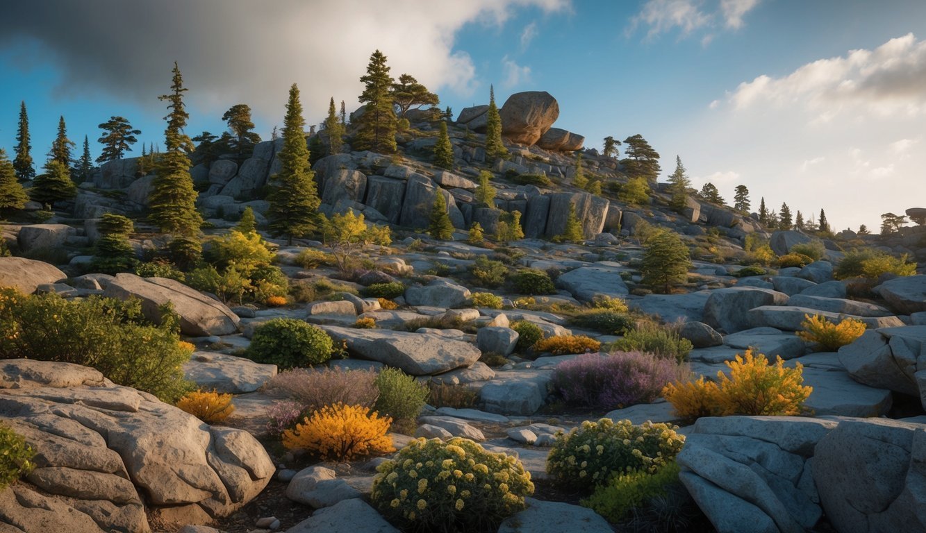 Rocky mountain landscape with trees, bushes, and a blue sky with clouds