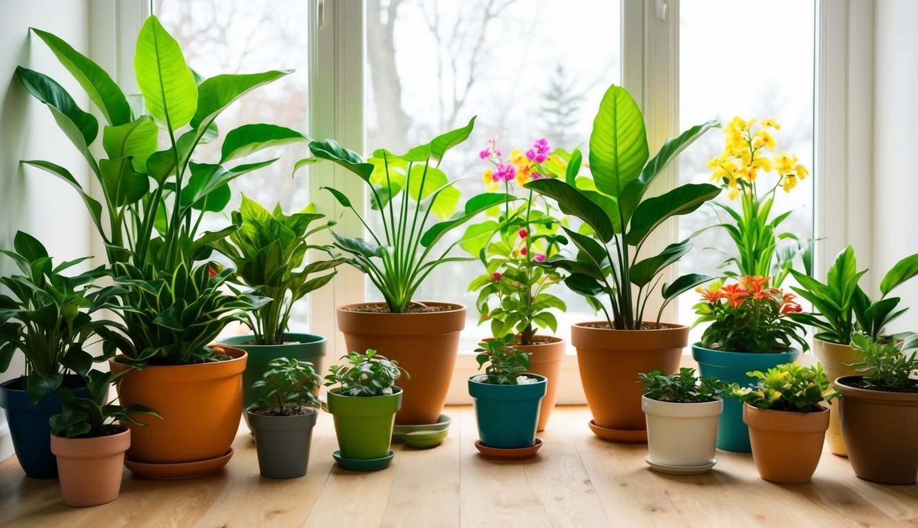 Various potted plants on a wooden surface in front of a window