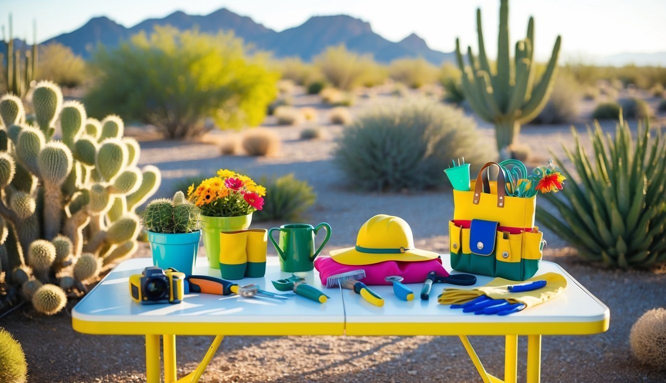 Gardening tools, plants, and a hat on a table in a desert landscape