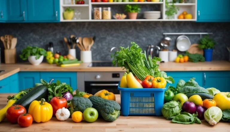 Fresh vegetables and fruits on a kitchen counter with blue cabinets