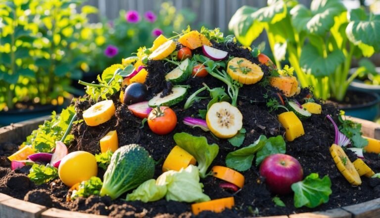 Compost pile with various fruits and vegetables in a garden setting