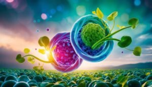 Abstract illustration of cells with plants growing, over a field of plants