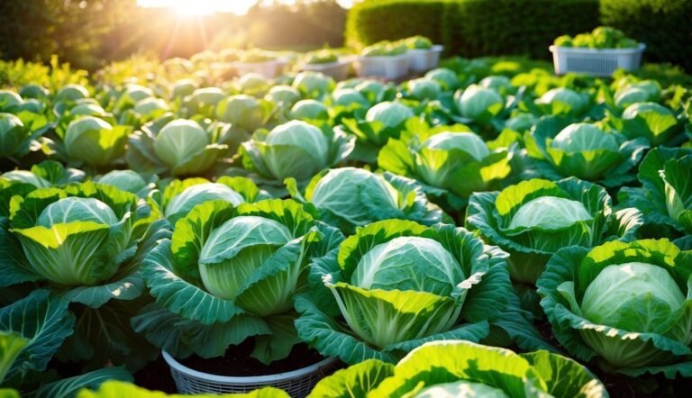 Field of cabbages basking in sunlight, with baskets in the background