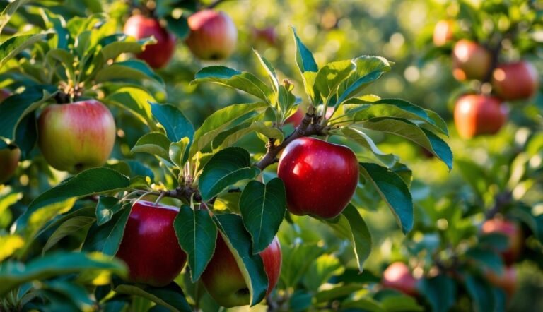 Red apples hanging on a tree branch with green leaves, sunlight