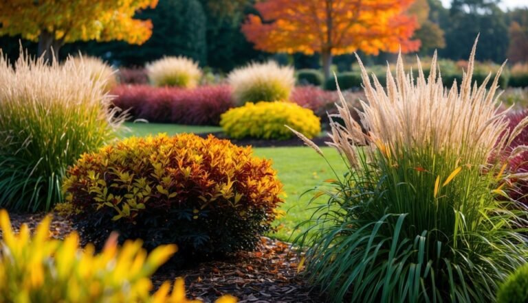 Colorful autumn garden with ornamental grasses and shrubs in full bloom