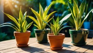 Four snake plants in pots on a wooden table, sunlight shining