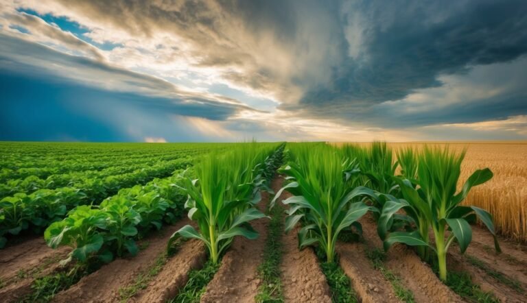 Fields of crops under a dramatic sky, including corn, wheat, and leafy greens