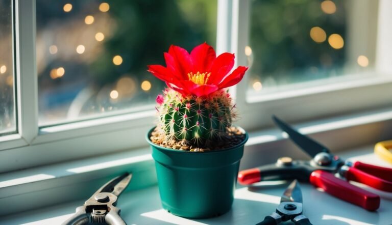 Flowering cactus in a pot on a windowsill with gardening tools