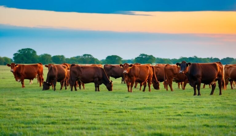 Herd of brown cows grazing in a green pasture at sunset
