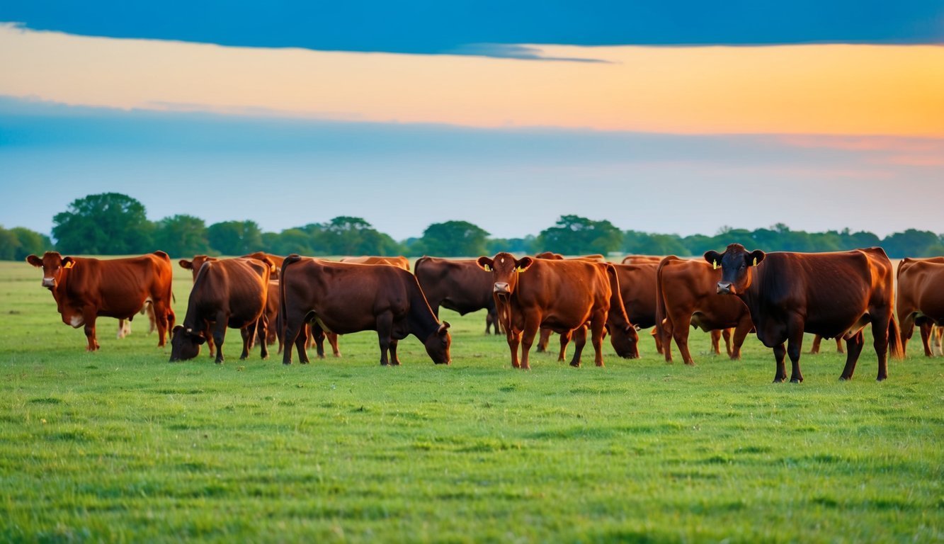 Herd of brown cows grazing in a green pasture at sunset