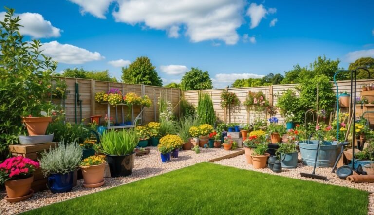 Lush, colorful garden with many potted plants, green lawn, and blue sky