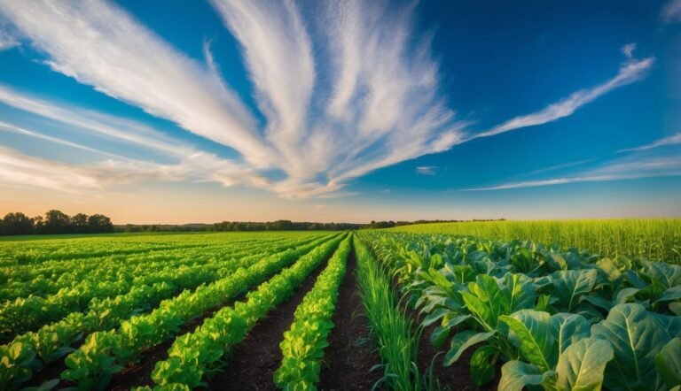 Rows of crops in a field under a blue sky with streaky clouds