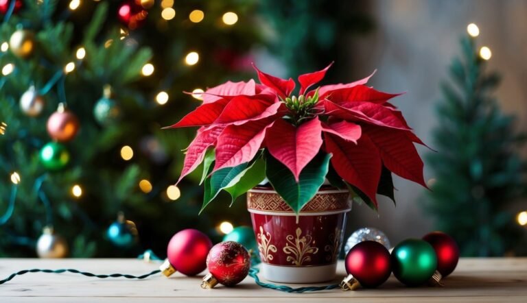 Poinsettia in a pot with Christmas ornaments and a decorated tree in the background