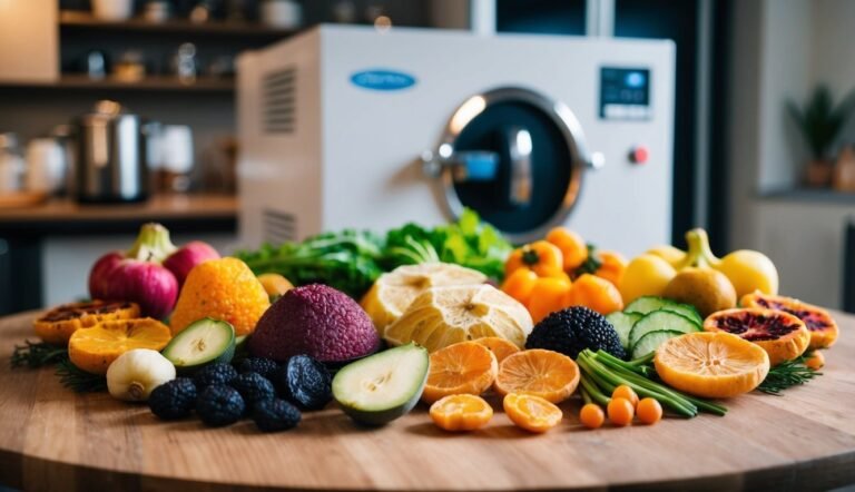 Freshly cut fruits and vegetables on a wooden table with a freeze dryer
