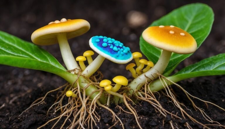 Colorful mushrooms with yellow and blue caps growing from the soil