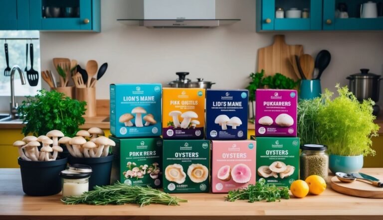 Variety of mushrooms and boxes in a kitchen setting with herbs and lemons