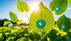 Green leaves with sensors in a field, sun shining through