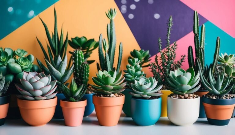 Various succulents and cacti in colorful pots against a geometric background