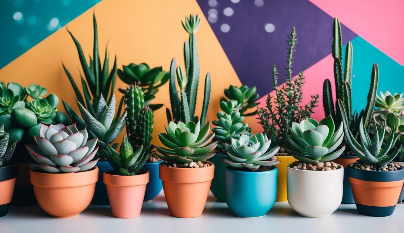 Various succulents and cacti in colorful pots against a geometric background