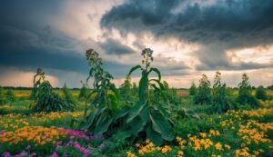 Field of colorful flowers under a stormy sky, tall plants in foreground