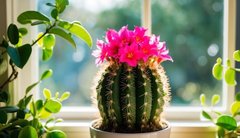 Flowering cactus with bright pink blooms in a white pot by a window