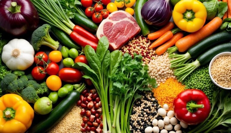 Assortment of fresh vegetables, legumes, grains, and a piece of raw meat