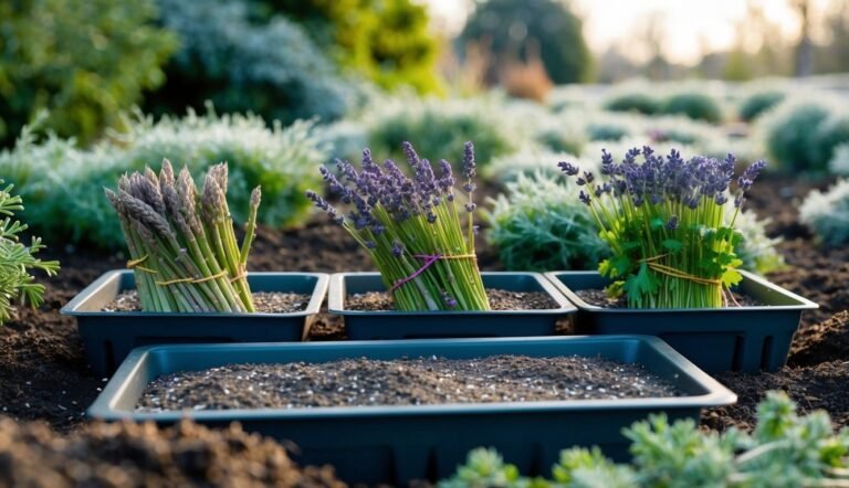 Asparagus, lavender, and herbs in planting trays, ready for the garden