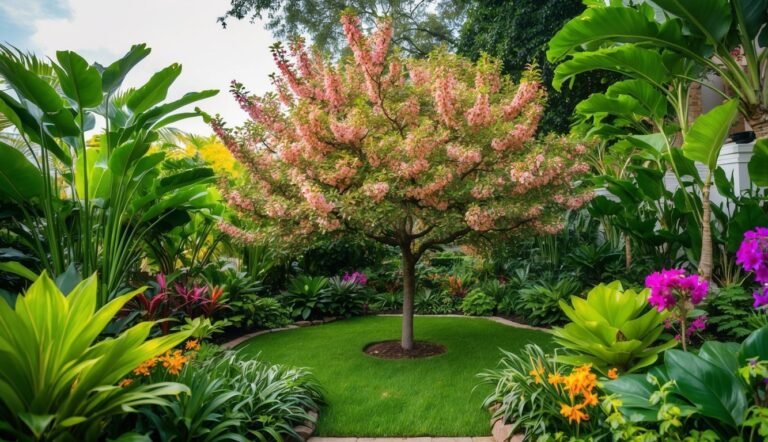 A flowering tree with pink blossoms in a lush, colorful garden