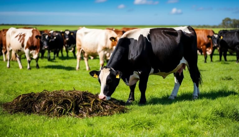 Black and white cow eating from a pile of food in a green pasture