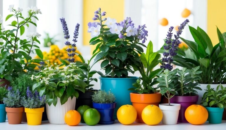 Various potted plants with flowers and citrus fruits on a white surface