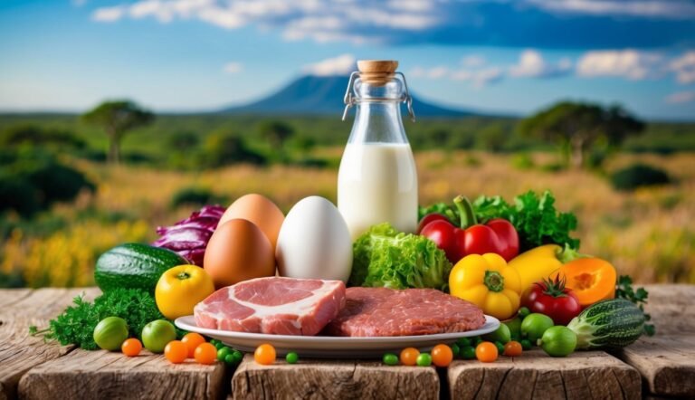 Fresh produce, eggs, milk, and meat on a wooden table outdoors