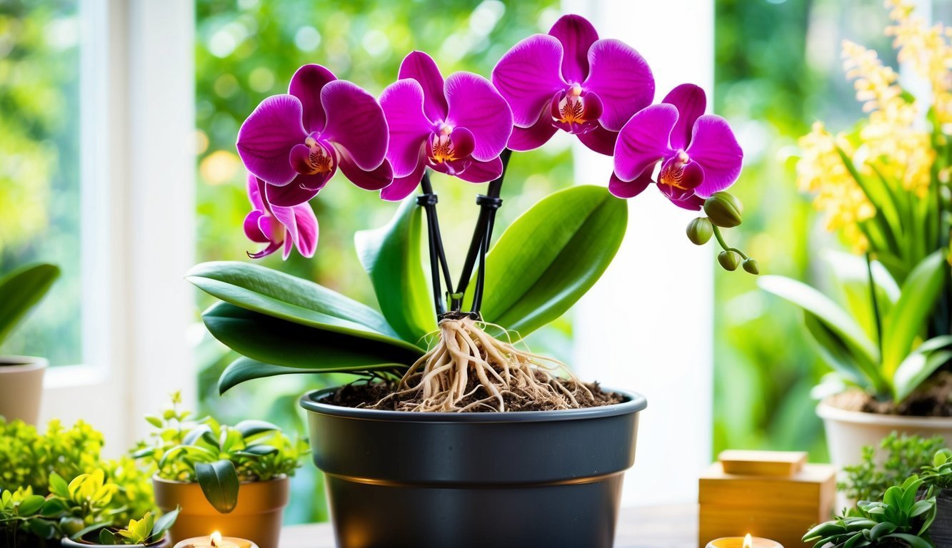 Purple orchid plant in a black pot with visible roots, other plants in background